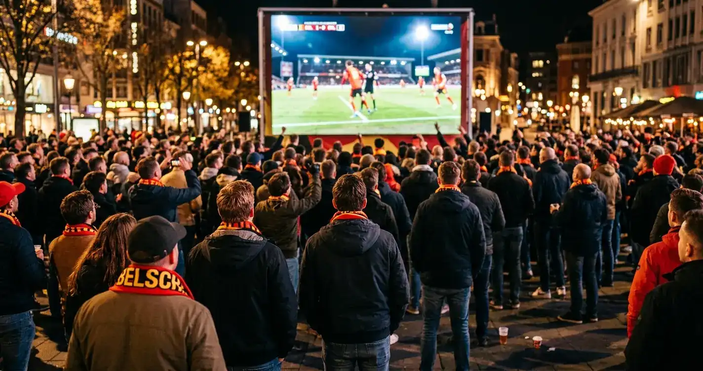 Foussballfans verfollegen e WM-Match op enger grousser Lënster