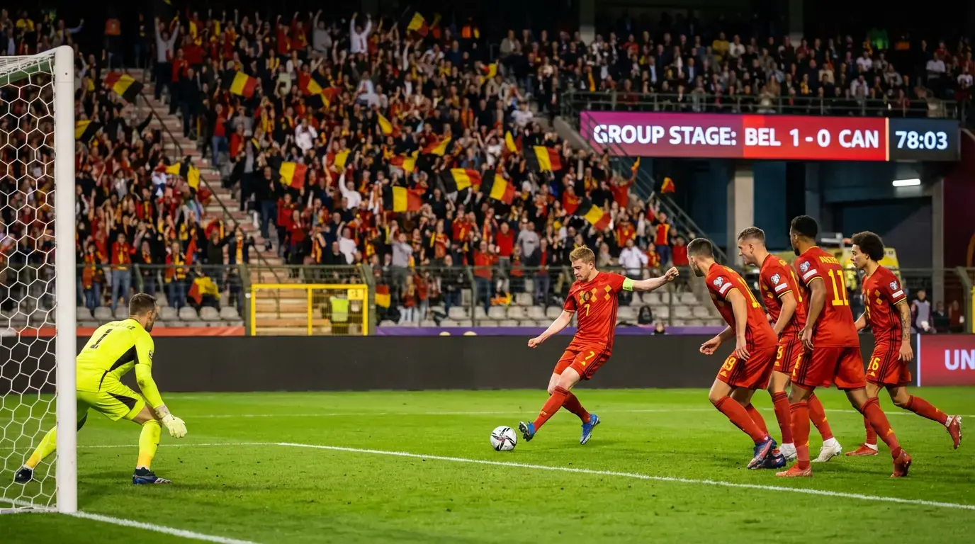 Fussballspiller an rouden Trikoten op engem grénge Spillfeld bei engem internationale Match