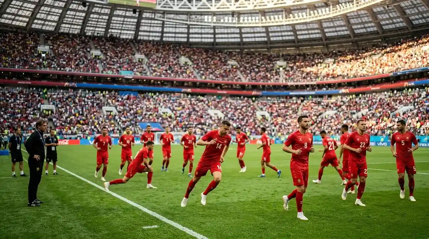 D'belsch Nationalequipe beim Opwiermen an engem WM-Stadion 2026 ënner fräiem Himmel