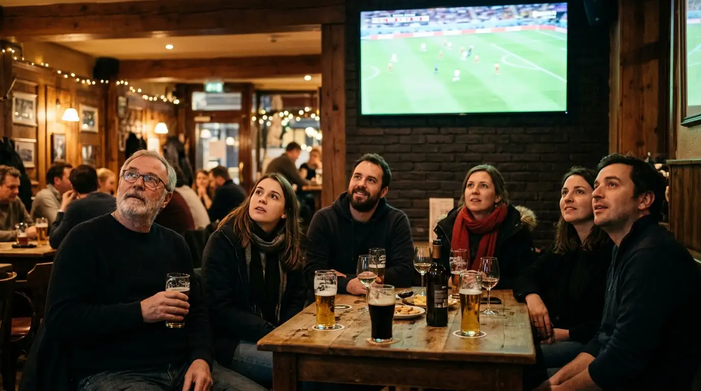 Foussballfans verfollegen e WM-Match op enger grousser Lënster an engem Café