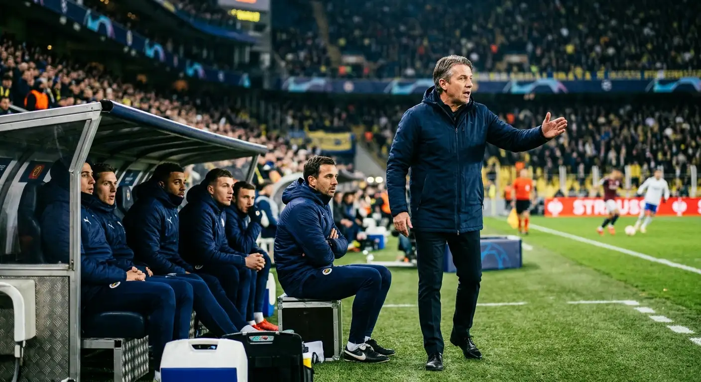Trainer a Spiller op der Säitelinn wärend engem WM-Match 2026