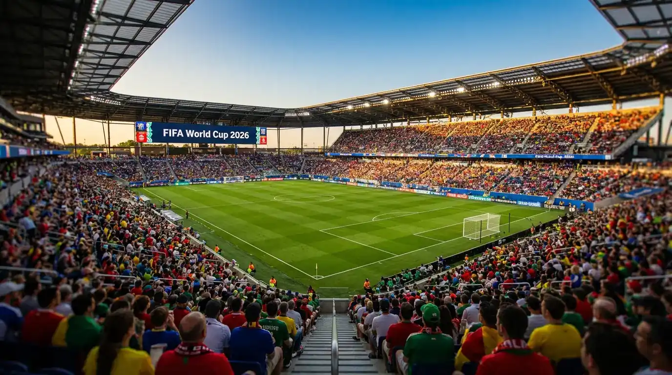 WM 2026 Stadion Panorama mat Fussball-Terrain an Zuschauer