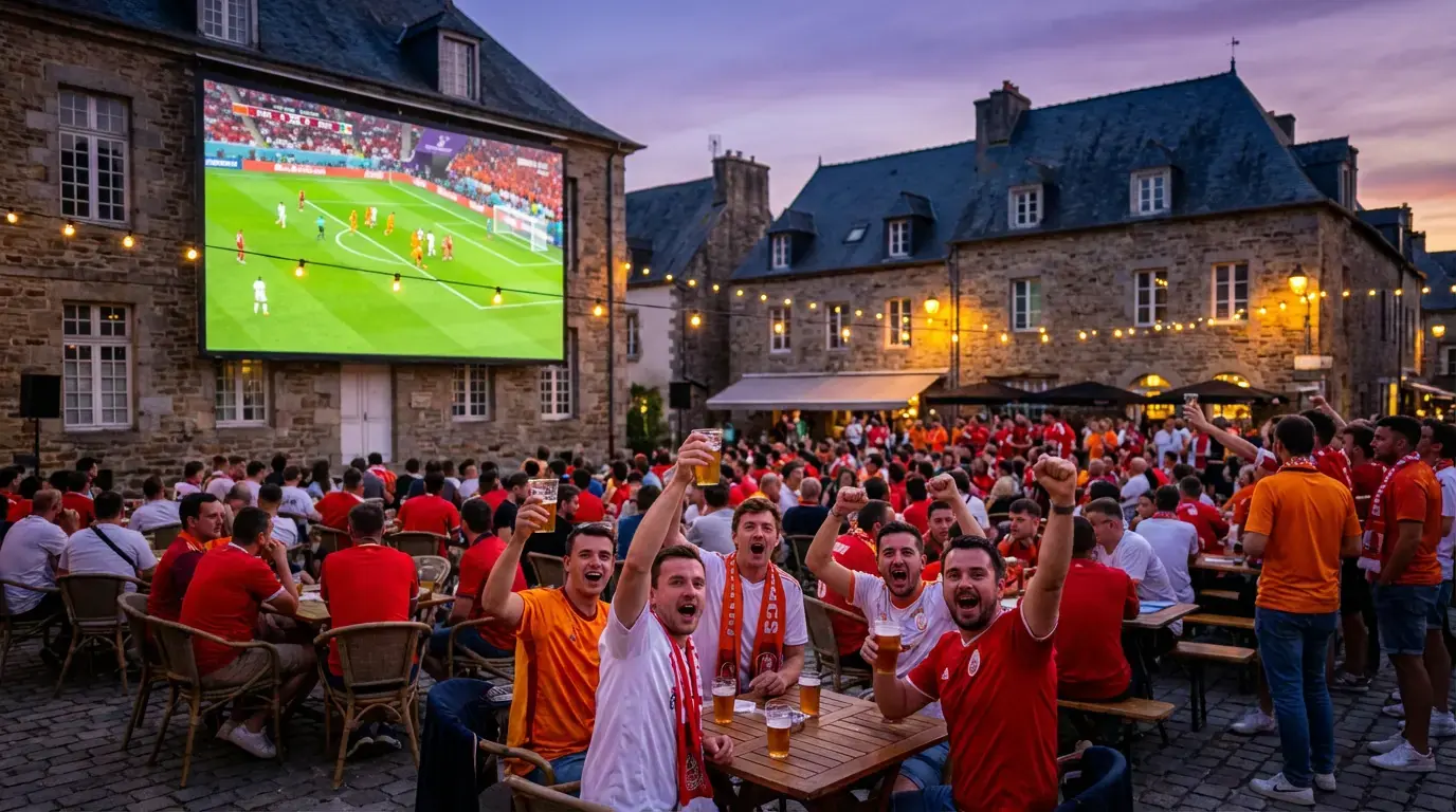 Fussballfans zu Lëtzebuerg bei engem Public Viewing mat Fändelen an Trikoten
