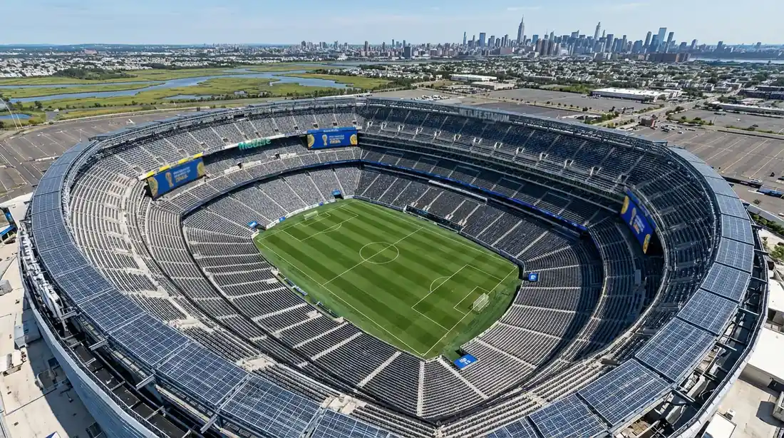 MetLife Stadium mat Fussball-Terrain an eidelen Tribünen virum WM 2026 Finall