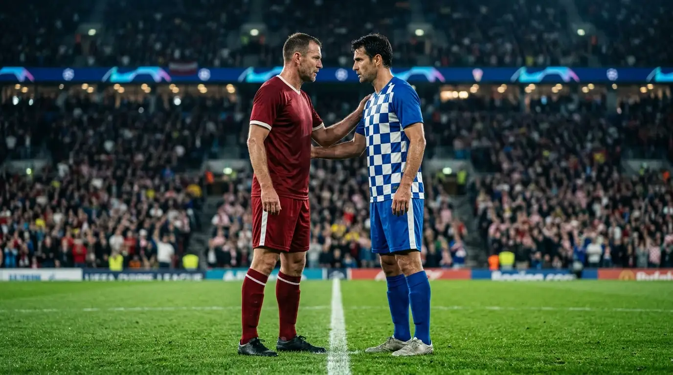 Zwee erfuerene Foussballspiller stinn sech virun engem WM-Match 2026 géintiwwer, ënner de Flutluuchten