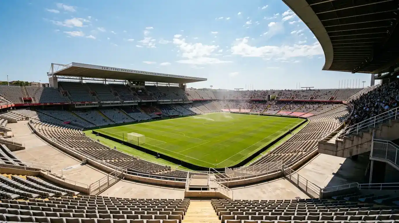 E Foussballstadion ënner fräiem Himmel bei grousser Hëtzt, hell Sonneliicht iwwer de Reihen