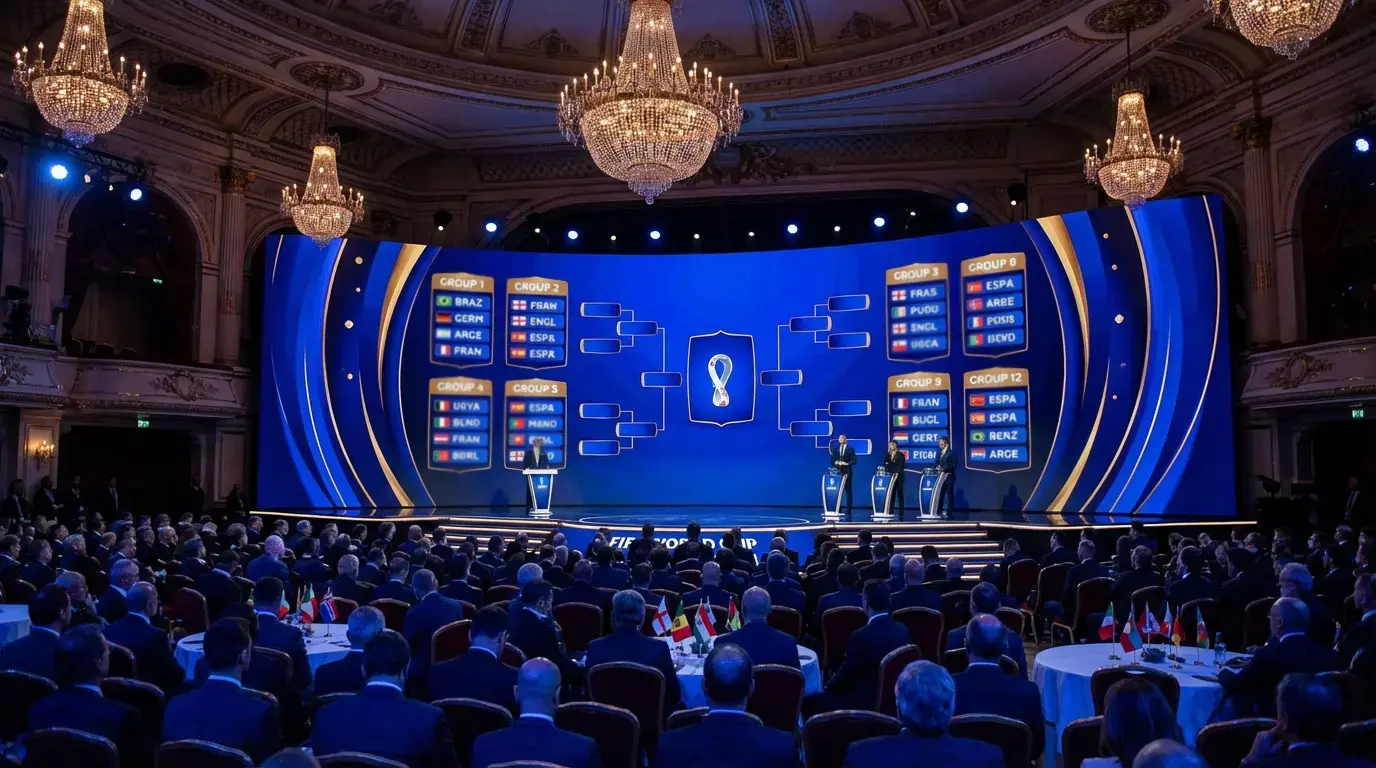 WM 2026 Auslousung mat den 12 Gruppen op engem groussen Ecran am Kennedy Center