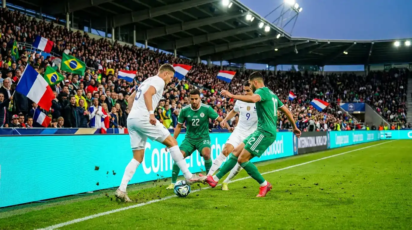 Fussballspiller aus verschiddenen Natiounen op engem WM-Terrain mat Nationalfändelen am Hannergrond