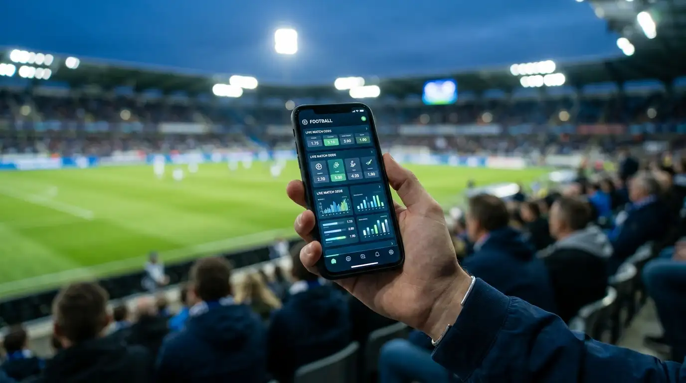 Eng Uwendung mat Foussball-Wettquoten op engem Smartphone, am Hannergrond en onschaarft Stadion