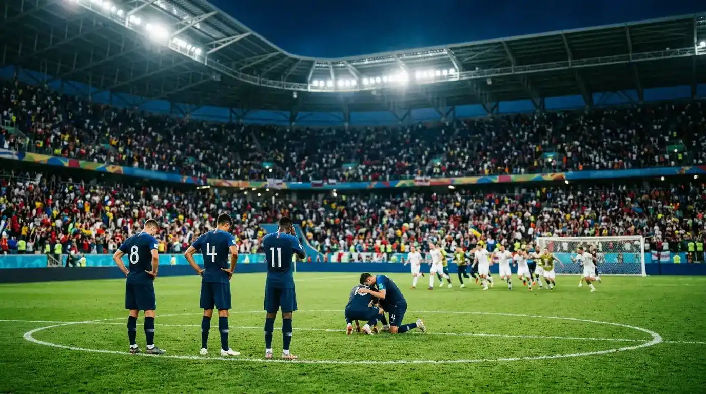 Enttäuschte Spiller no engem Eelefmeterschéissen bei der WM 2026, am Hannergrond e vollbesate Stadion